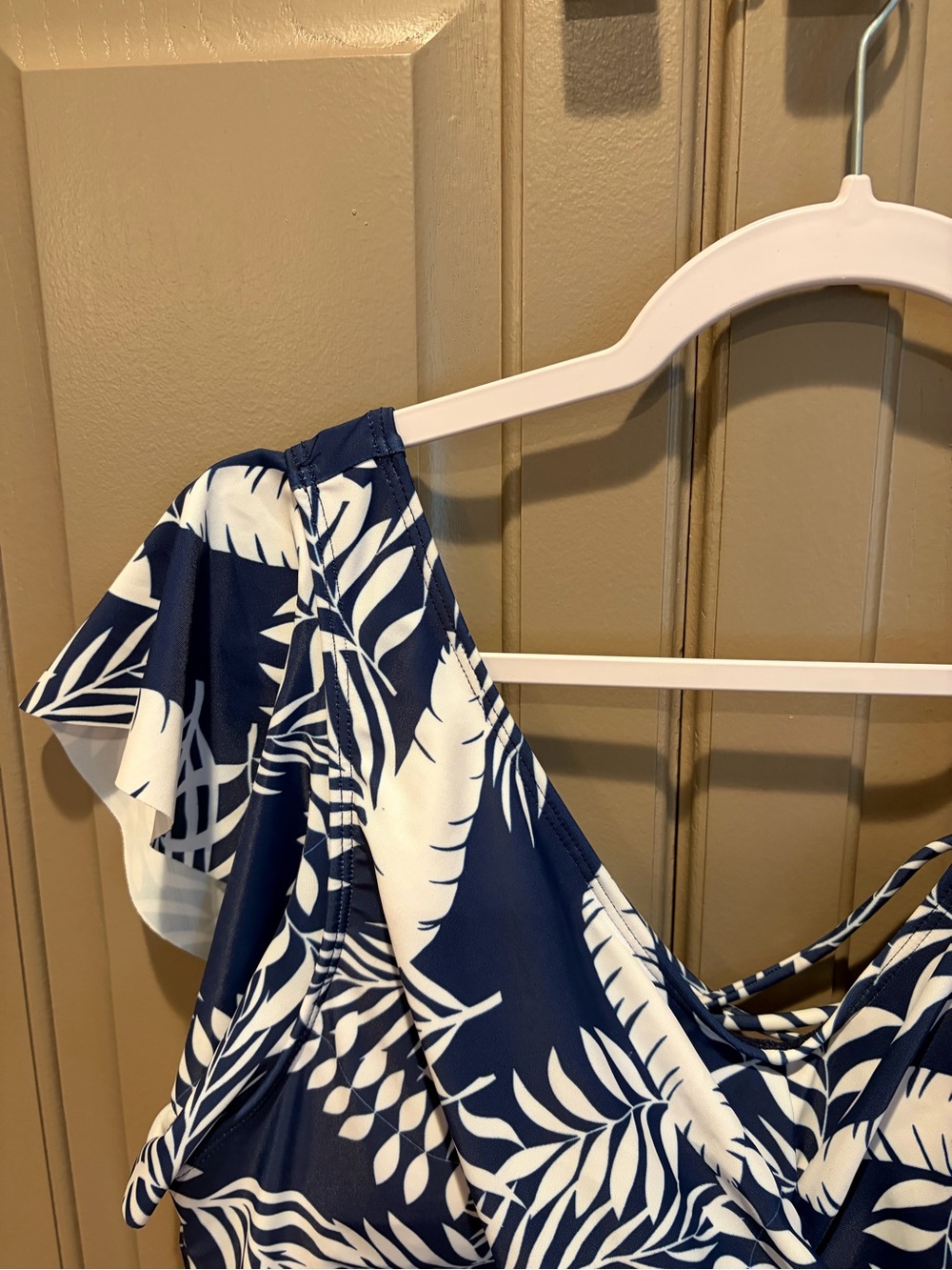 Navy & White Tropical Leaf One-Piece Swim Dress - Picture 4 of 7